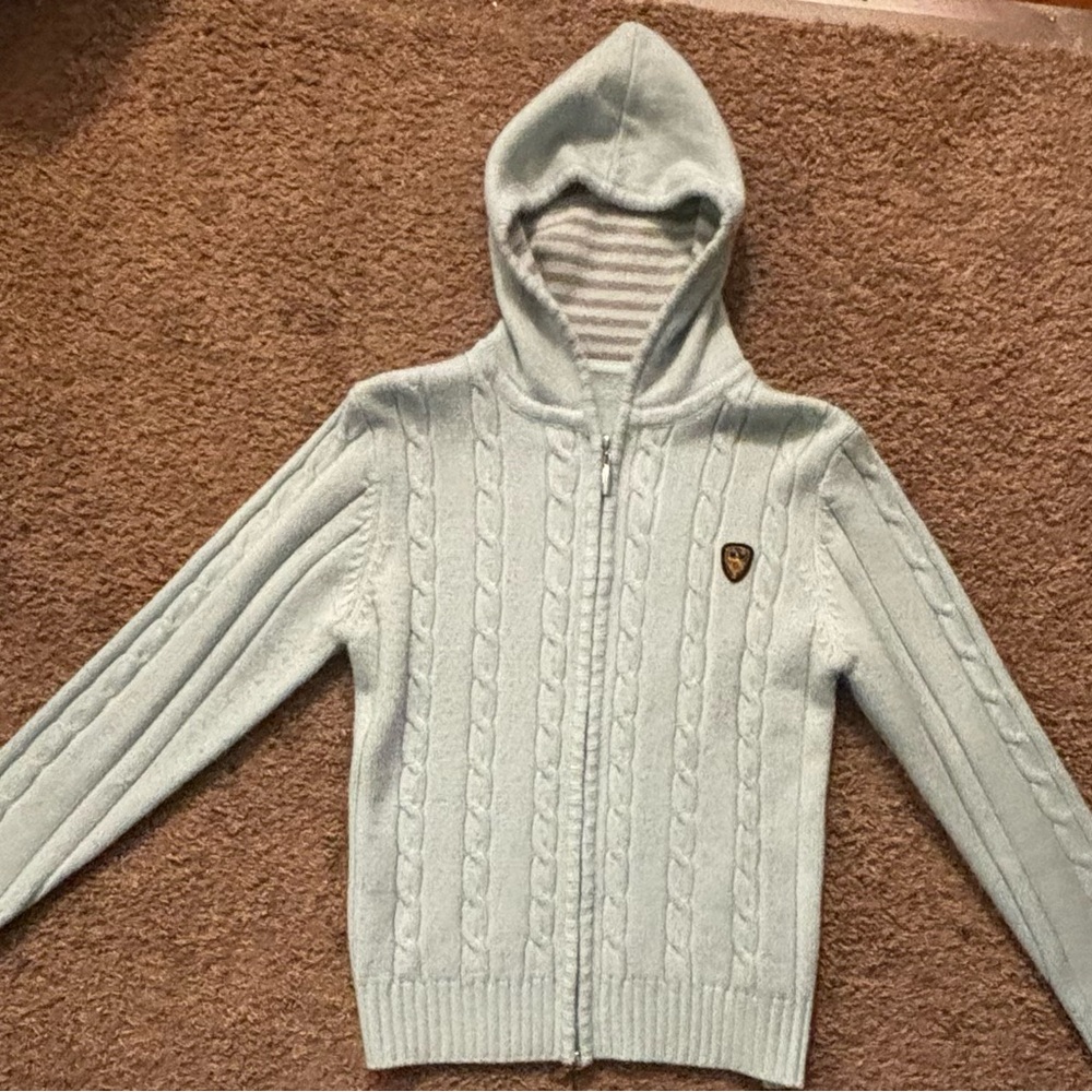 YIDISHA vintage baby blue zip up sweater No size tag measures woman XS No flaws